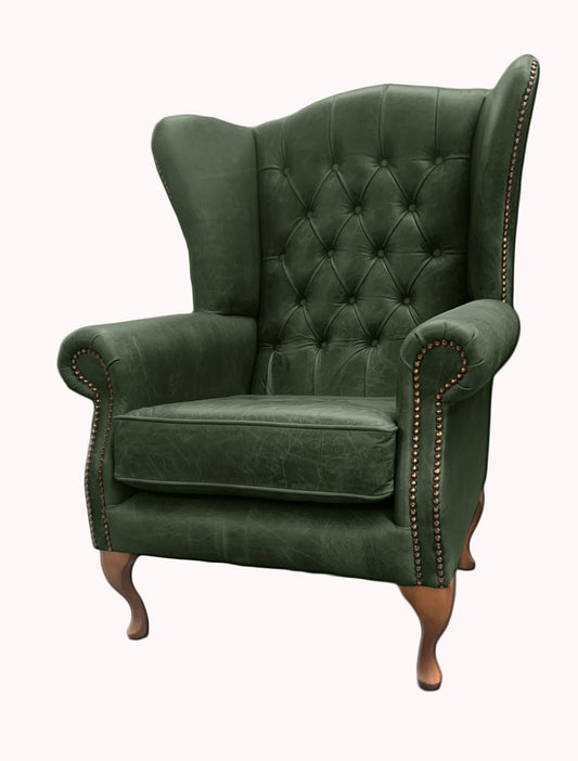 Chesterfield High Back Wing chair - Presented In Genuine Vintage Green Leather - The Kensington