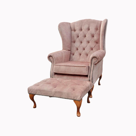 Chesterfield High Back Wing chair and stool - Presented In Luxury Mink Velvet - The Kensington