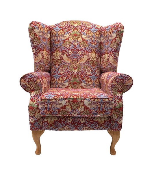 Classic Wingback Fireside Chair - Presented In Luxury Wine Red William Morris Style Design "STRAWBERRY THIEF" Fabric