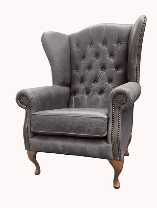 Chesterfield High Back Wing chair - Presented In Genuine Vintage Ash Leather - The Kensington