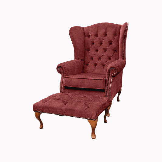 Chesterfield High Back Wing chair and stool - Presented In Luxury Oxblood Velvet - The Kensington