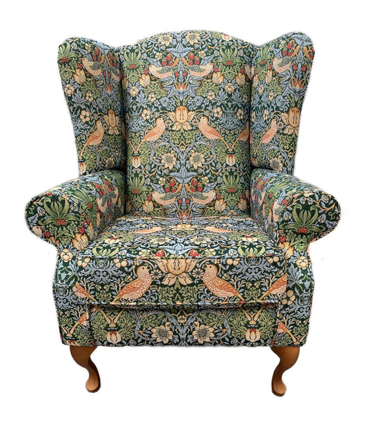 Classic Wingback Fireside Chair - Presented In Luxury William Morris Style Design "STRAWBERRY THIEF" Fabric