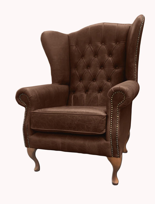 Chesterfield High Back Wing chair - Presented In Genuine Vintage Brown Leather - The Kensington