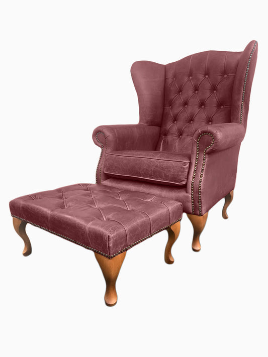 Chesterfield High Back Wing chair and Stool - Presented In Genuine Vintage Red Leather - The Kensington