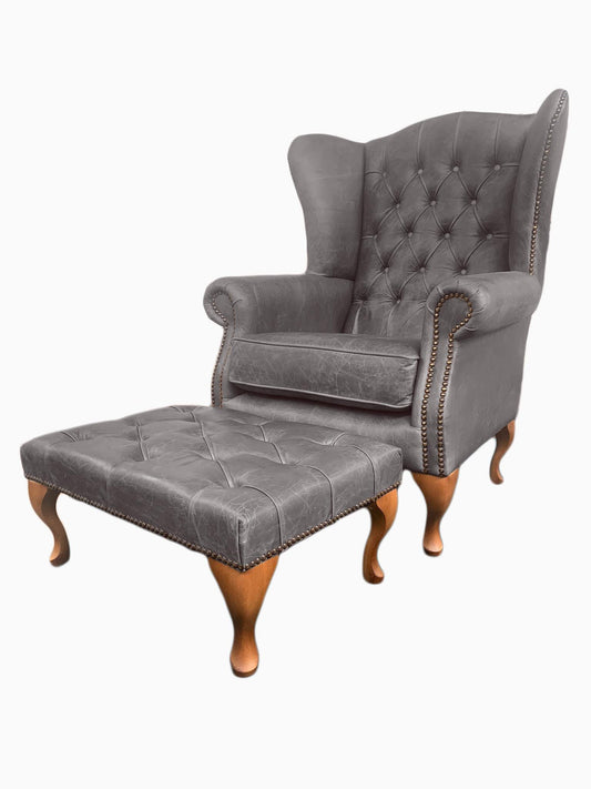 Chesterfield High Back Wing chair and Stool - Presented In Genuine Vintage Ash Leather - The Kensington