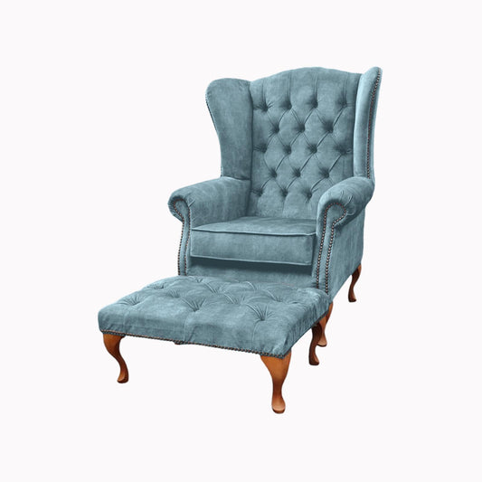 Chesterfield High Back Wing chair and stool - Presented In Luxury Aqua Velvet - The Kensington
