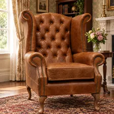 Queen Anne wingback armchair in tan vintage leather, front view