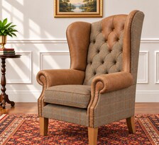 Harris Tweed and leather wingback chair, rear view showing leather back