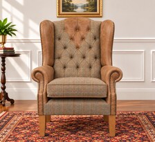 Harris Tweed and leather wingback chair, angled view